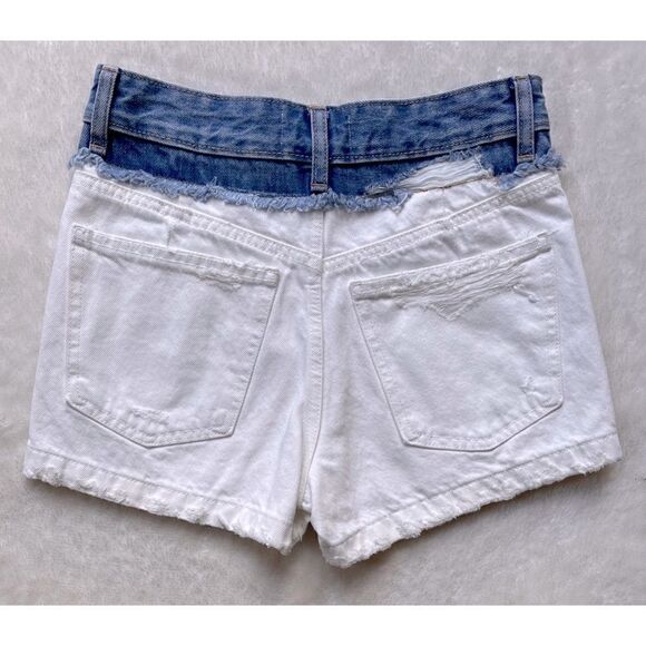 NWT Zara Blue & White Color Block Distressed Button Fly Denim Shorts, Size 0 - Picture 10 of 12